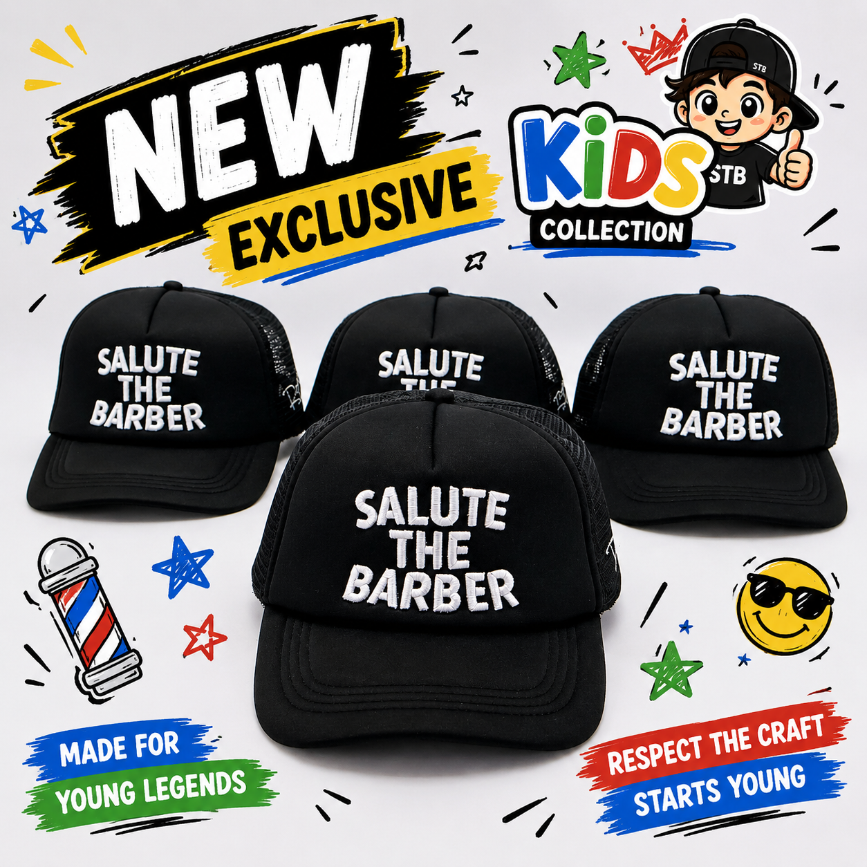 Salute The Barber™ Kids Trucker Hat – Black & White | Respect The Craft